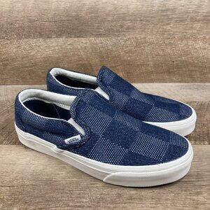 VANS Classic Slip-On Denim Check Navy Shoes Sneakers Mens 7 Womens 8.5 NEW